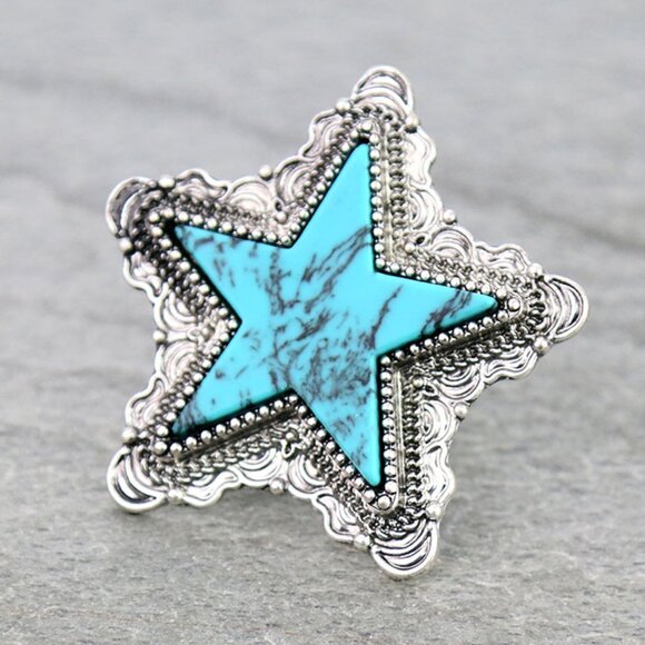 Turquoise White Black STAR Natural Stone Western Boho Style Stretch Ring Silver - Picture 2 of 6